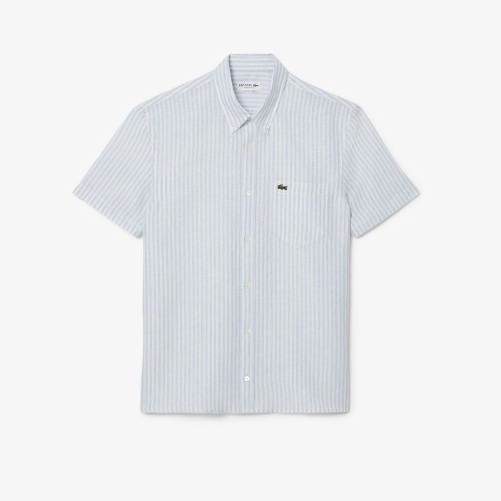 라코스테 남성용 반팔 린넨 스트라이프 셔츠 CH249855G