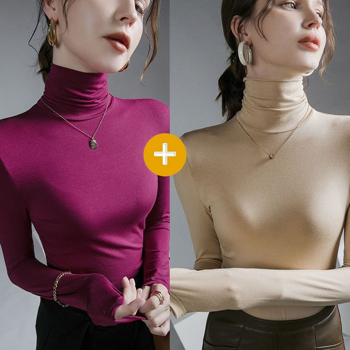 AOKADA여성 가을 겨울 슬림핏 목폴라 스판 이너 긴팔 티셔츠