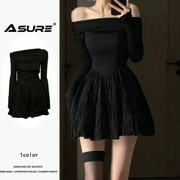 Asure 가을 여자 블랙 원피스 슬림핏 오프숄더 원피스