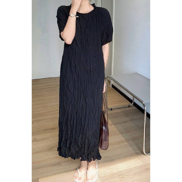 르와르 라운드넥 플리츠 주름 롱 원피스