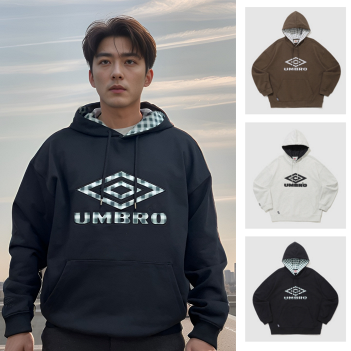 [국내매장판] 엄브로 남녀공용 긴팔 체크 오버핏 후드티