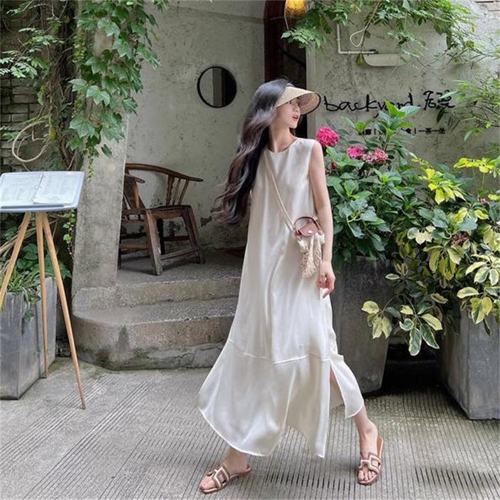 Vezri 여성용 여름  여리여리한 옆트임 민소매 부드럽고 여성스런 원피스 WHY111