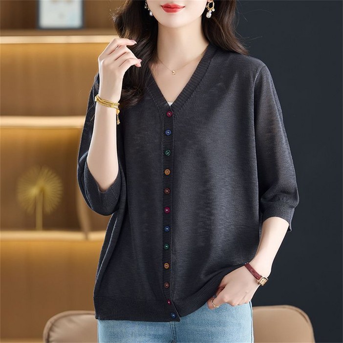 TKX 여성용 봄 가을 니트 카디건 V넥 칠부 소매 컬러 버튼 심플룩 오버핏 KY97