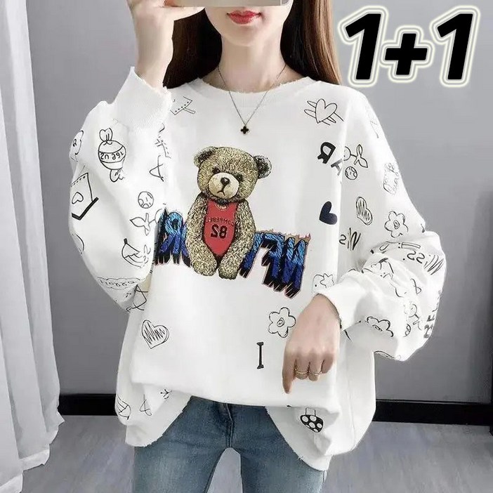 1+1 곰돌이 캐릭터 긴팔맨투맨 여성 봄가을 박시핏 맨투맨 상의 패턴 운동복 라운드넥 긴팔티 상의 6컬러