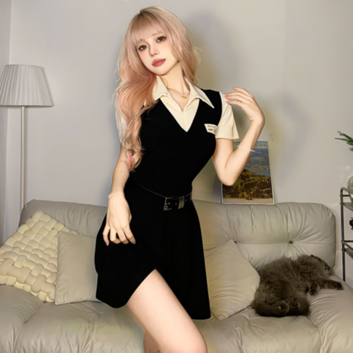 지퍼 카라넥 반팔 벨트 원피스 여름 캐주얼 슬림 A라인 여름 원피스