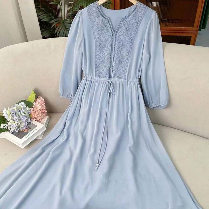 자수 쉬폰 원피스 봄 여름 여성원피스 고급 미디 롱 원피스 바캉스 롱스커트 여름원피스 하개원피스 오피스룩 WAWAMIYA