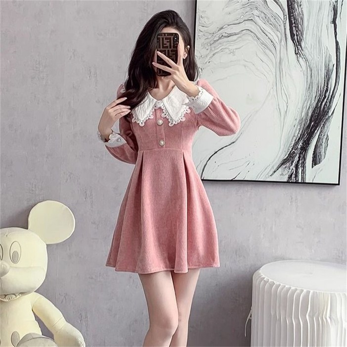 TKX 여성 봄 가을 롱슬리브 원피스 귀여운 칼라 레이스 A라인 단추 장식 드레스 K51