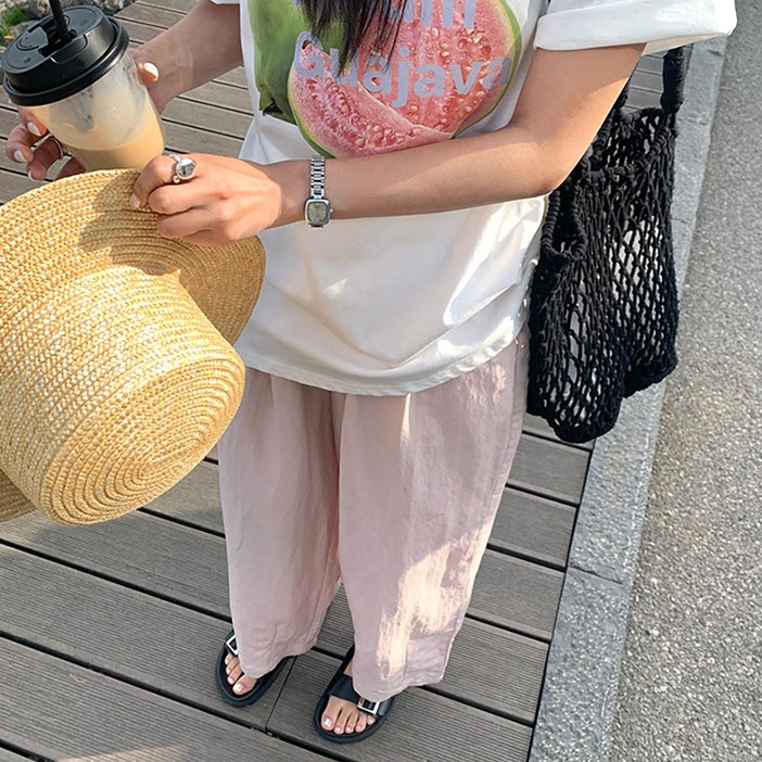 네모엔룩 루즈와이드린넨 여성용 시원한 여름 린넨 통바지 코튼혼방 포켓 허리밴딩 롱 팬츠