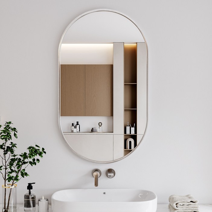 뷰티피크 타원형 벽거울 화장대거울 욕실거울 강화안전유리, 실버51cm