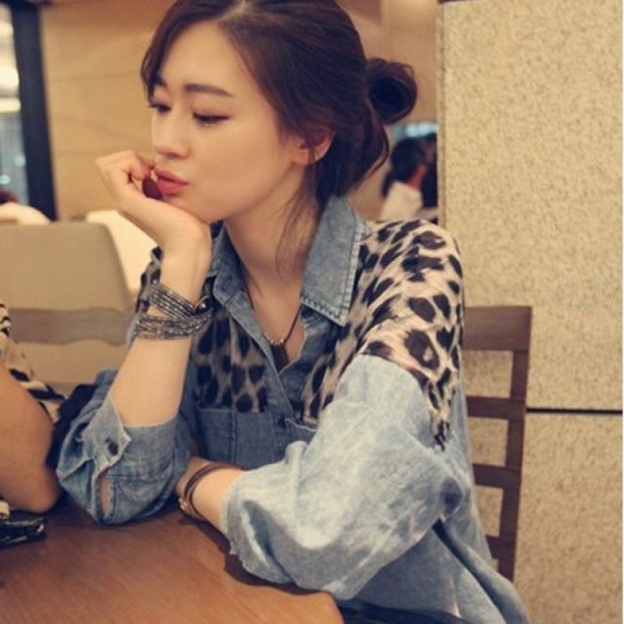 해피유통 여성 여름 신상 호피 오버핏 긴팔 데님 셔츠 상의 코트 jhy