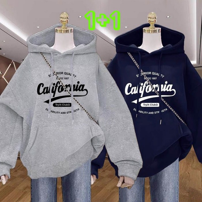 JUSTFEELING 2장세트 (1+1) 프린팅 데일리 후드맨투맨 기모 두꺼운 가을겨울 따뜻한 긴팔맨투맨 레터링 맨투맨 코트 풀오버 긴팔티 여성의류