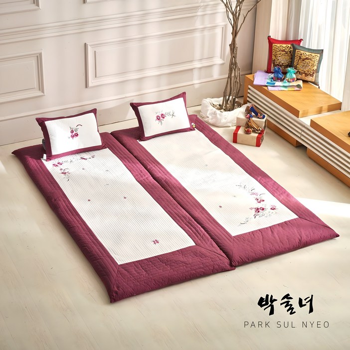 공식판매처 박술녀 자수광목 도톰한 요세트 보료 매트 요매트 요솜 토퍼 쇼파패드 작품명 화연 25년 최신상 볼룸 업그레이드 부모님선물 빠른배송, 와인