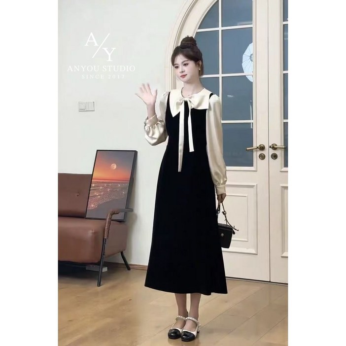 ANYOU 여성 롱원피스 데일리 편안 긴팔원피스 춘추원피스 리본 빅사이즈원피스 하객룩 오피스룩