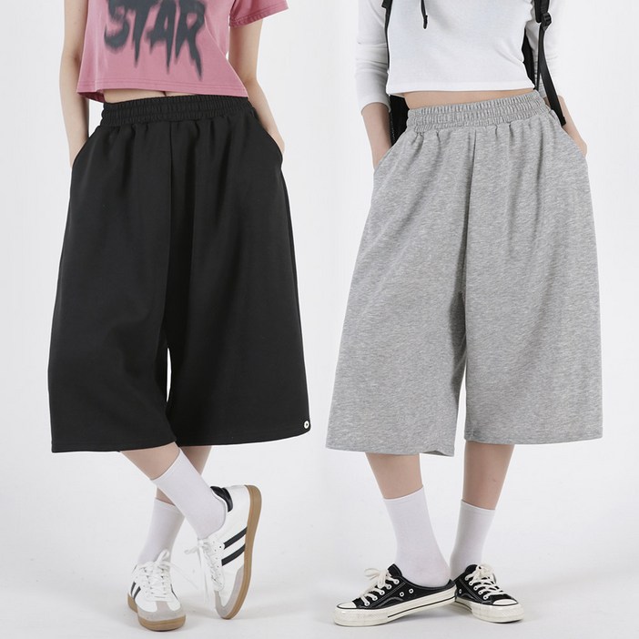 오버나인 여자 여성 밑단 스냅 와이드 반바지 버뮤다 팬츠