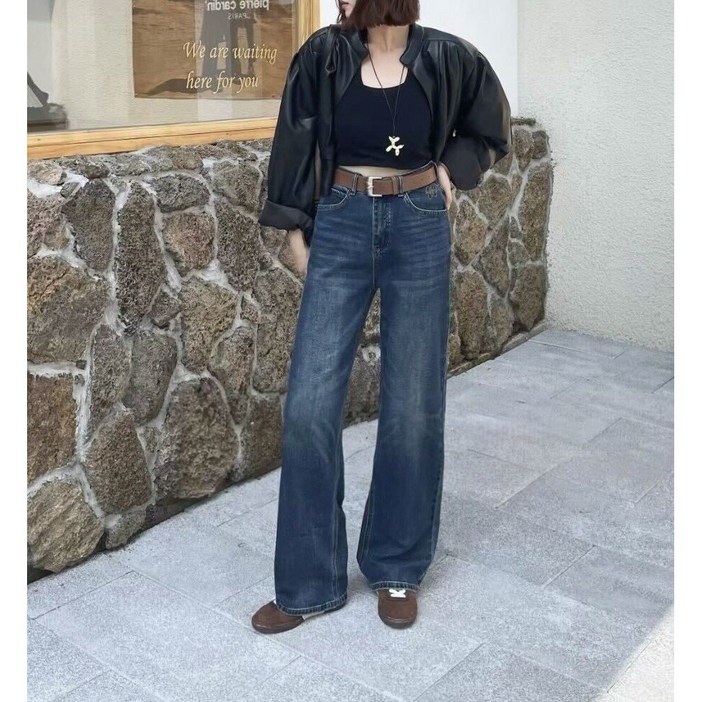 지티세븐 여성용 포켓 자수포인트 일자핏 스판 데님 청바지