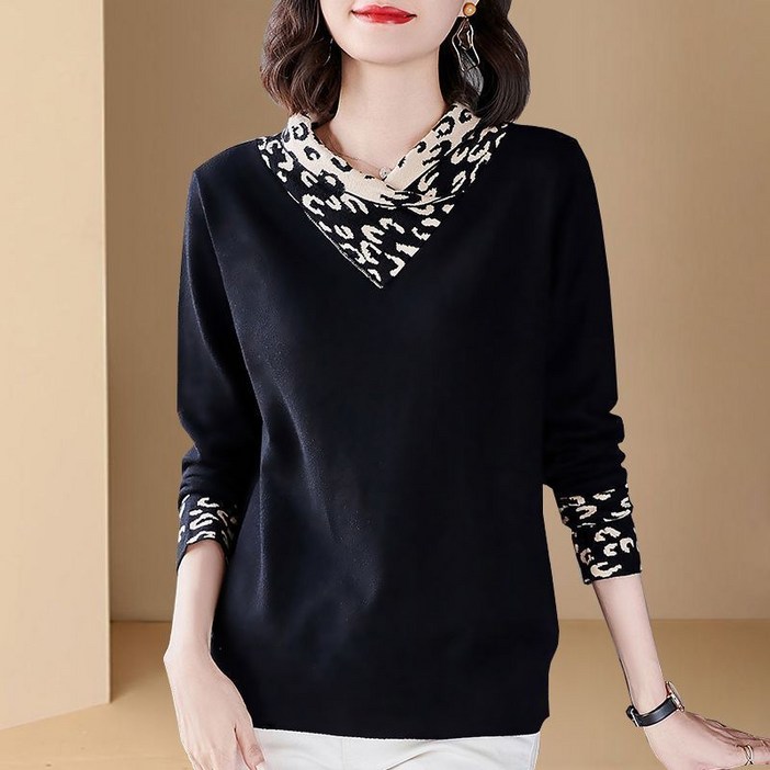 빅사이즈 중년 여성 긴팔 티셔츠 봄가을 캐주얼 코디 레이스 긴팔티 루즈핏 데일리 브이넥 상의 YHY