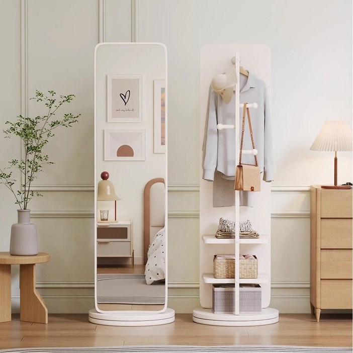 다기능 전신거울 스탠드 아치형 대형 거울 360도 회전 겸용 옷걸이행거 미러, 화이트