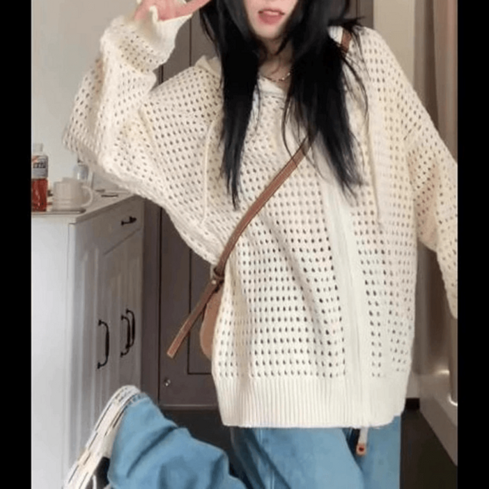 여성 그물 니트 집업 가디건 펀칭 크로셰 후드 자켓 오버핏 간절기 아이보리