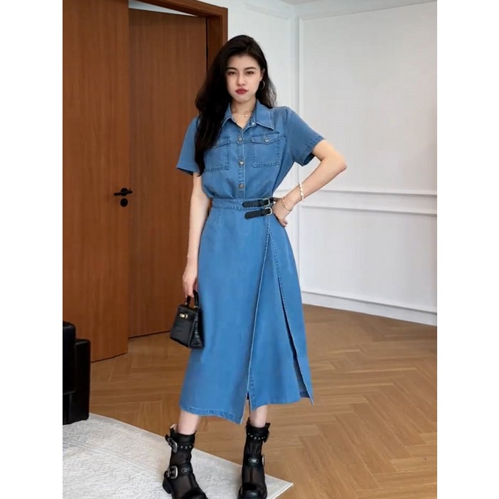 여름 데님 원피스 여성 빅사이즈 슬림핏 라펠 반팔 드레스 시원한 착용감 데일리룩 휴양지 바캉스룩 스타일링 가능 데이트룩 코디 추천