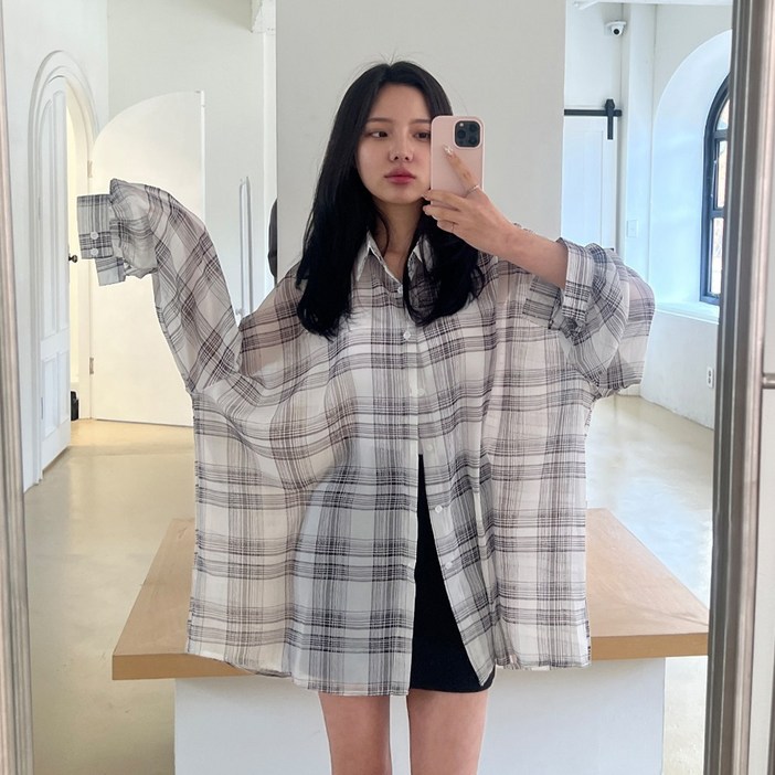 5XL 여리핏올핏 쉬폰st 쿨 체크남방셔츠 2color