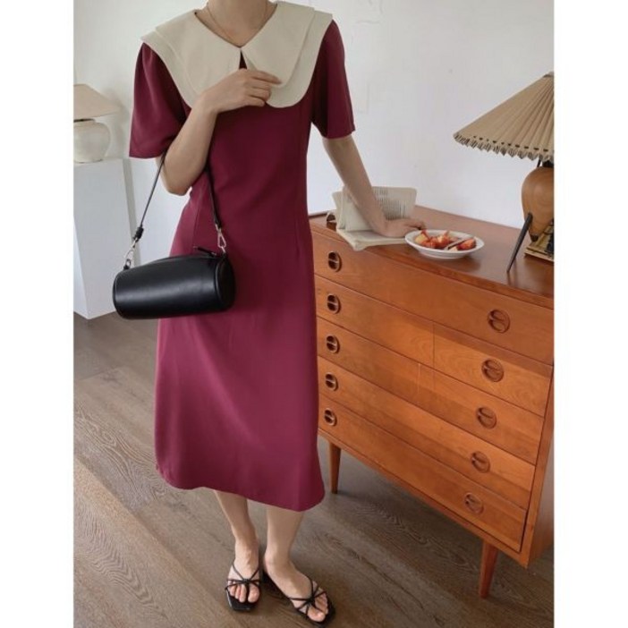 휴양지원피스 쉬폰 프릴 대학 부드러운 여름 반팔 드레스 허리라인 슬리밍 더블 레이어 인형 칼라