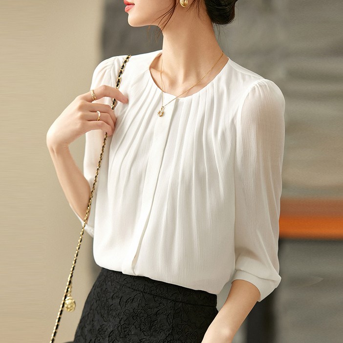 DUOMIHAN여성 블라우스 라운드넥 플리츠 7부 소매 셔츠WZS60223