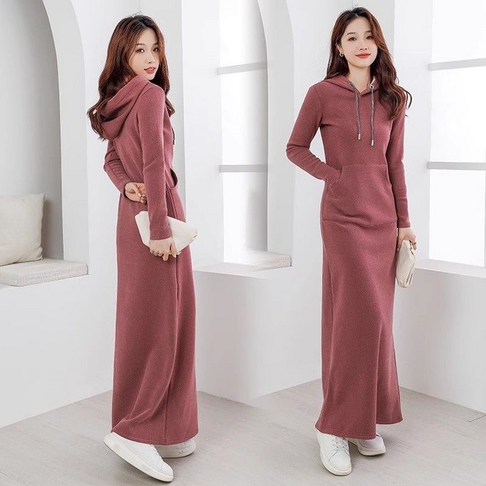 기모원피스 여성 기모 후드 롱원피스 하체커버 따뜻한 통근 긴팔원피스 랩원피스