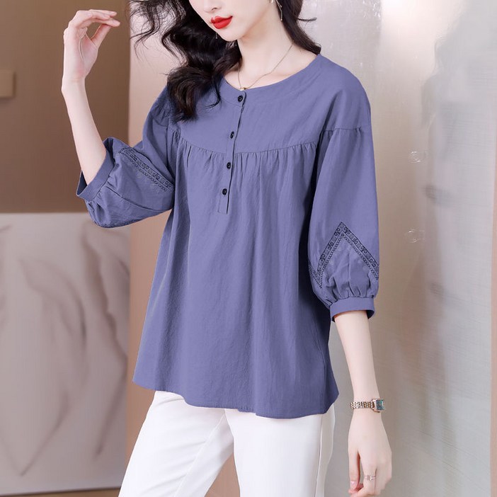 Skyciky 새로운 어머니 셔츠 스탠드 칼라 단색 셔츠 느슨한 외국 스타일 중국 민족 스타일 중년 및 노인 여름 커버 고기 작은 셔츠 BB398