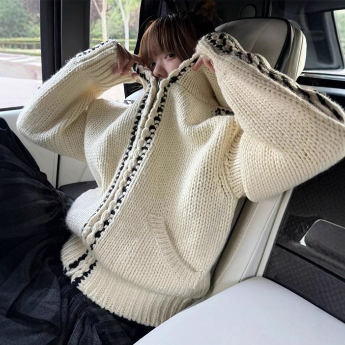 트루펙트 복고풍 자수 지퍼 후드 스웨터 재킷 여성 가을 겨울 신상 양모 니트 가디건 상의