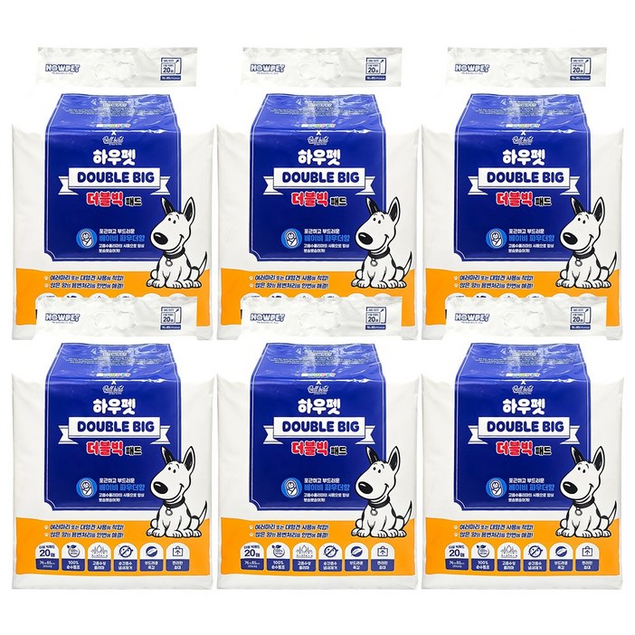 하우펫 더블 빅패드 20매 x6팩 펫패드 대형패드 배변패드 강아지배변패드 강아지패드 애완견패드 애견패드 애견배변패드 반려견패드 벨버드패드, 20개입, 6개