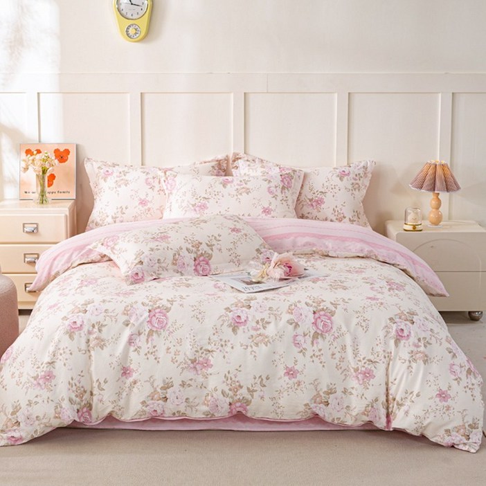 워싱 순면 이불커버 양면꽃무늬 사계절 침구 싱글 슈퍼싱글 더블 퀸 킹 라지킹, 장미
