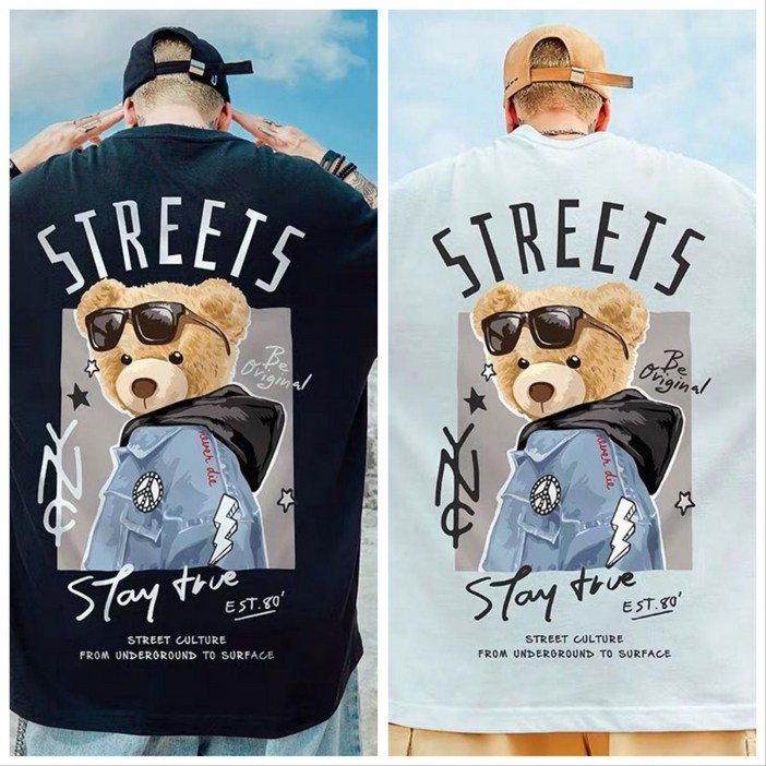 레노이 1+1 남자 여름 오버핏 반팔티 라운드 프린팅 빅사이즈 루즈핏 반팔 티셔츠