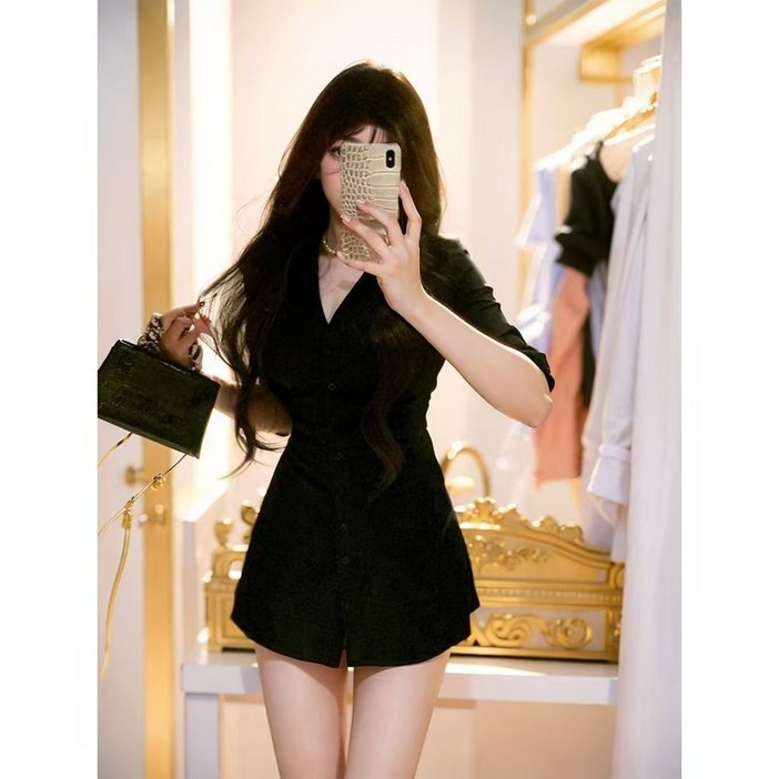 YioYcc 플리츠 셔츠형 슬림 미니 원피스