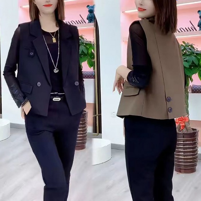 정장 조끼 여성용 클래식 하객룩 오피스룩 빅카라 투번튼 트렌치핏 민소매 자켓 레이어드 숏 코트 봄 여름 가을