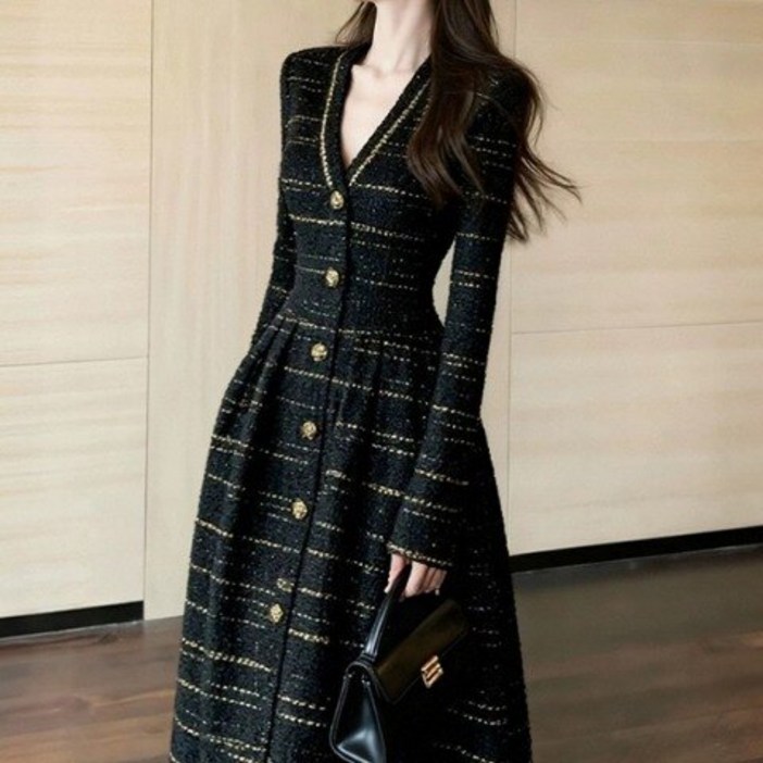 아리엘스타일 골드버튼 트위드원피스 하객모임룩 마노비트위드롱원