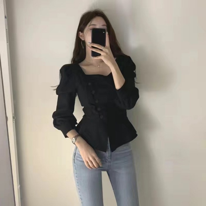 [레티고] 사선 단추 긴팔 블라우스