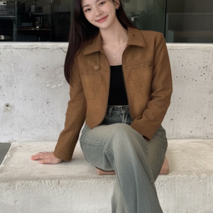 하이넥 카라넥 베이직 세미크롭 스웨이드 여성 집업 자켓