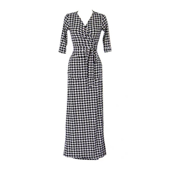 Makone 상표등록 여성 브이넥 하운드 체크무늬 랩 맥시 롱 원피스