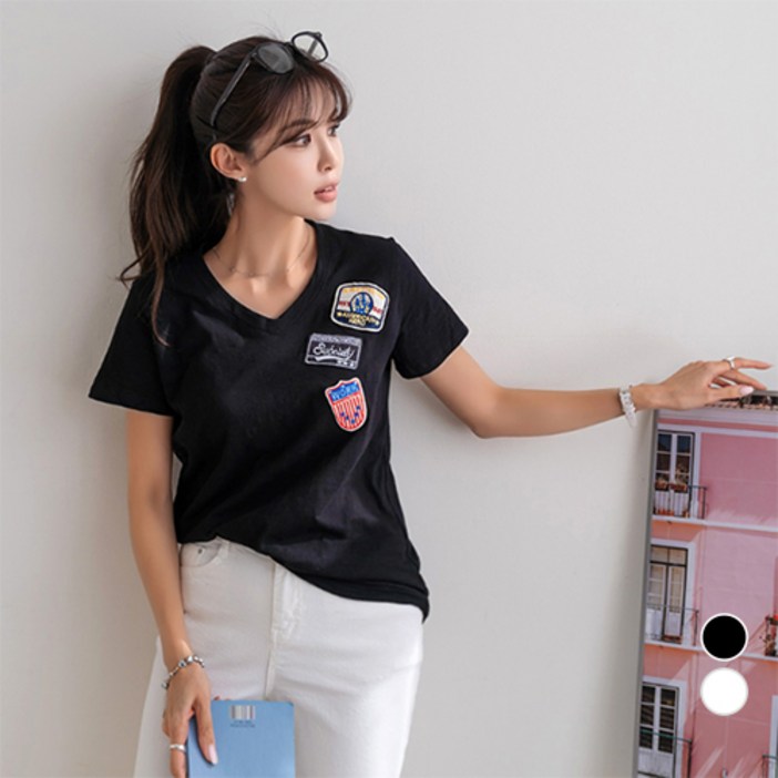 [나크21]  (55~88) 브이넥 와펜 반팔 티셔츠 NK12-T-52