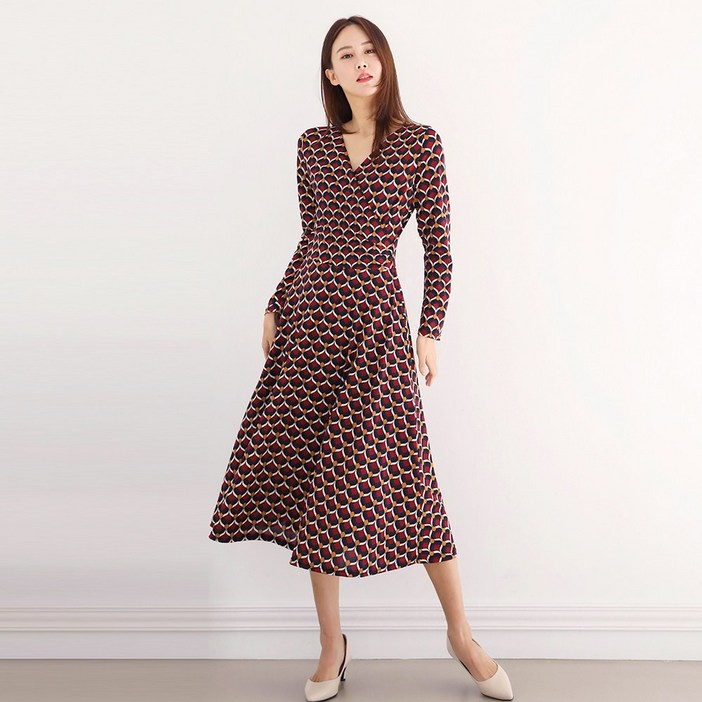 프롬코 여성 긴팔 랩스타일 옆셔링 롱 원피스 FRC122