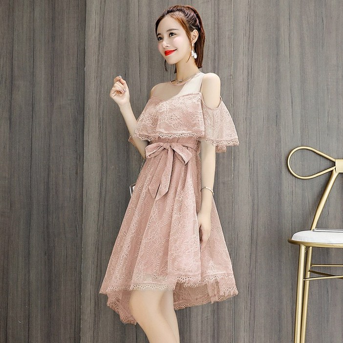 선녀 레이스 일자 어깨 프렌치 원피스 반팔 미디 슬림핏 스커트 여름