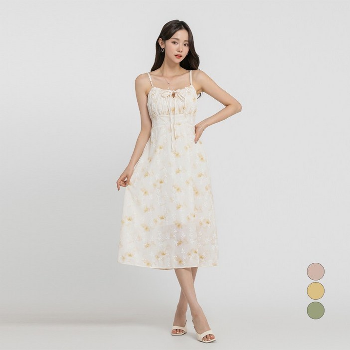 라라콩 여성용 물나염 리본 플라워 끈 나시 원피스