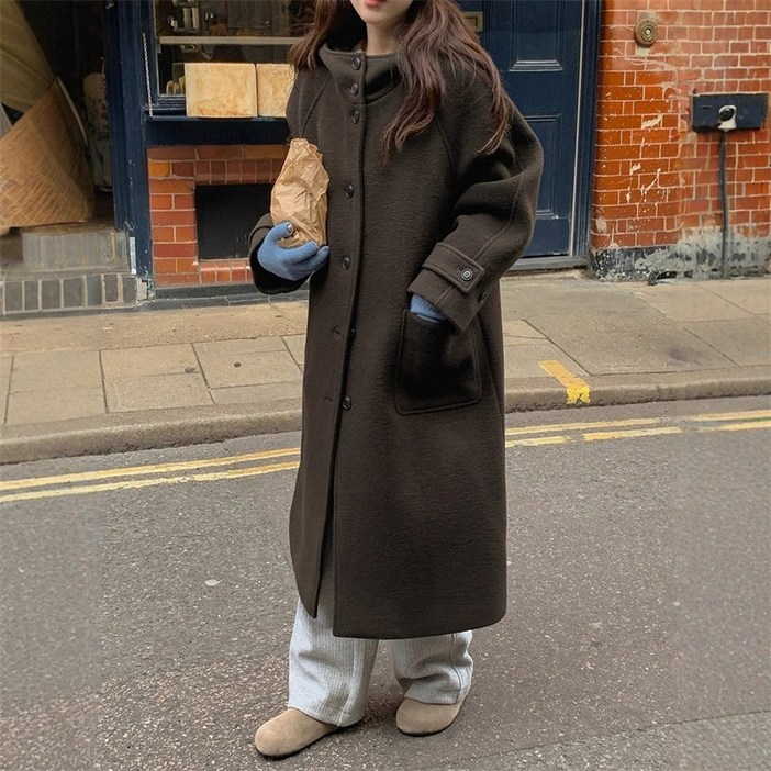 ZAJA 여성 루즈핏 롱 코트 따뜻한  루즈핏 후드 캐주얼 겨울 아우터