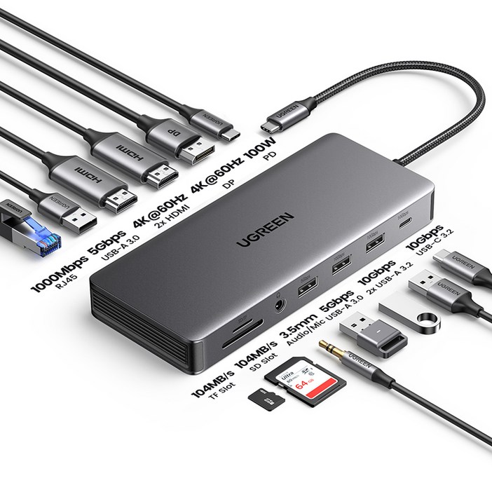 UGREEN 유그린 13-in-1 USB C타입 멀티 허브 4K 60Hz 트리플 디스플레이 2xHDMI 1xDP 도킹 스테이션 USB3.2 10Gbps USB허브 HDMI 어댑터, 1개