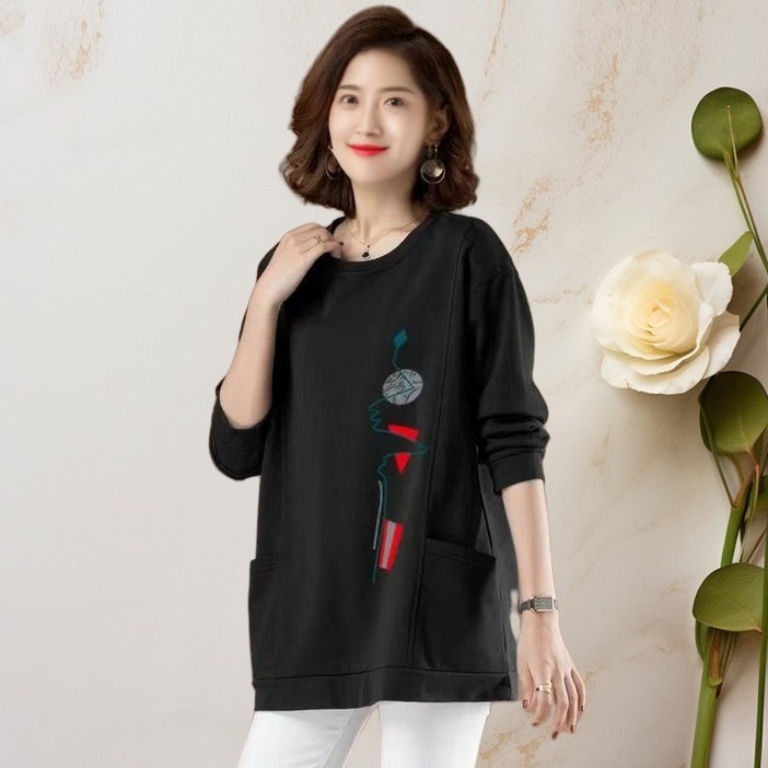스타일아유 1+1(2종세트)여성 봄 가을 중년 엄마 캐주얼 오버핏 긴팔 프린팅 티셔츠 TS2352