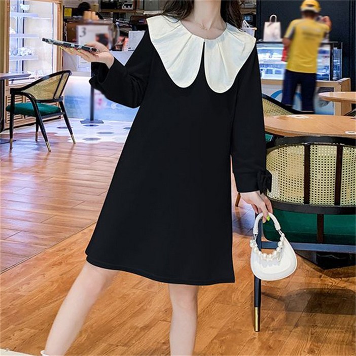 TKX 여성 봄 가을 캐주얼 원피스 귀여운 배색 칼라 드레스 소매 리본 디테일 간결한 스타일 KC69