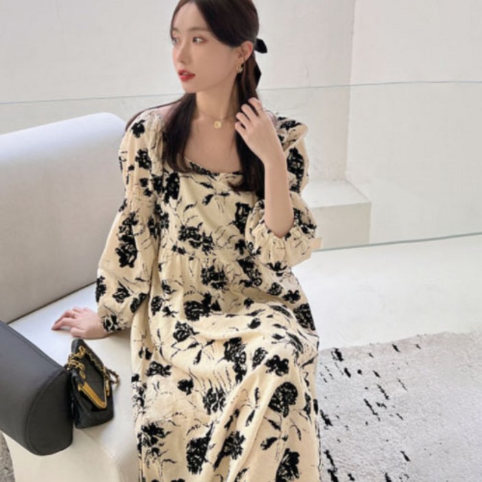 스퀘어넥 퍼프소매 플라워패턴 임산부 원피스