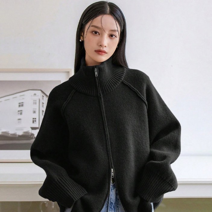 선빛 여성용 라트 루즈핏 카라 니트 집업