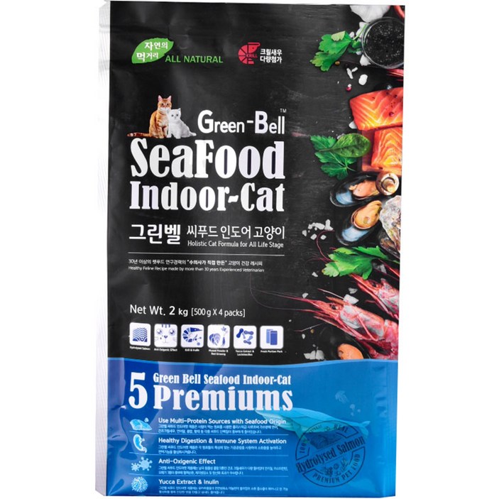 내츄럴큐브 그린벨 씨푸드 캣 기능성 사료, 인도어, 5kg, 1개 내츄럴큐브 그린벨 씨푸드 캣 기능성 사료, 인도어, 5kg, 1개