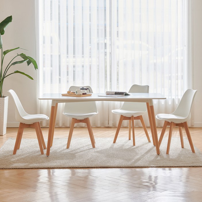 보니타 HPM 화이트원목 식탁세트 4인용 1200mm 방문설치, 화이트  우드, 식탁 1  일반의자 4